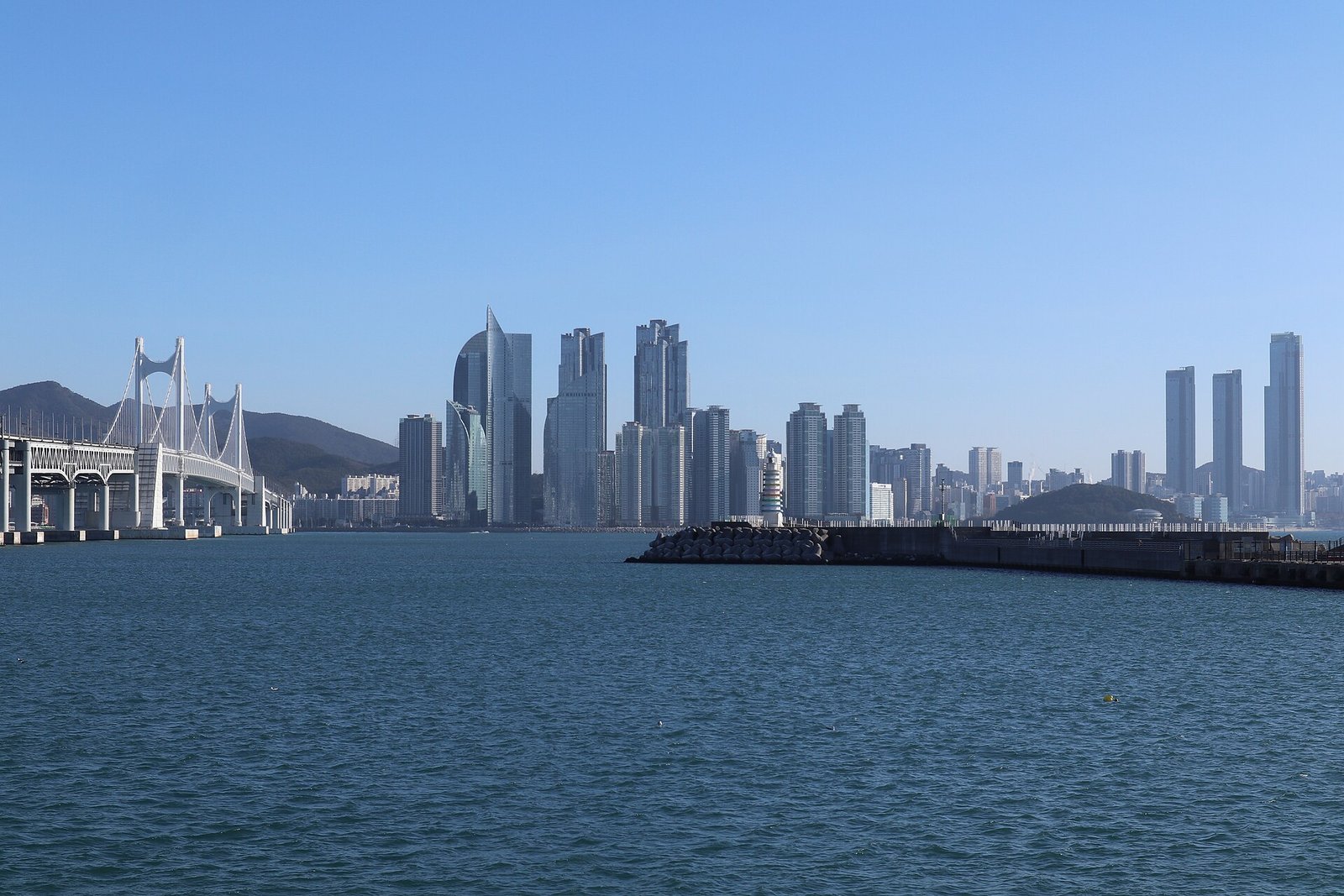 Panoroma of Busan coastal cityscape with Marine City towers and Gwangan Bridge