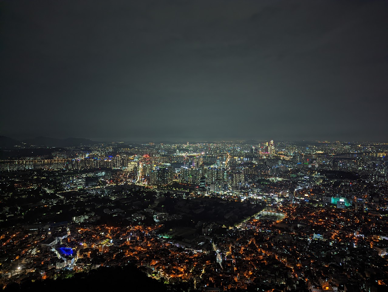 Seoul skyline at night with lit office towers